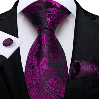 Dress Tie Violet Purple Floral Men's Silk Tie Handkerchief Cufflinks Set