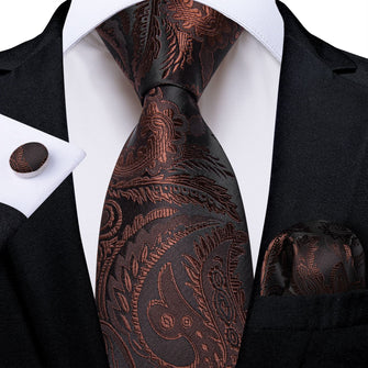 deep brown paisley ties pocket square cufflinks set for mens black suit and white shirt