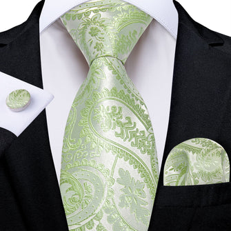 light green paisley silk mens handkerchirf cufflinks set