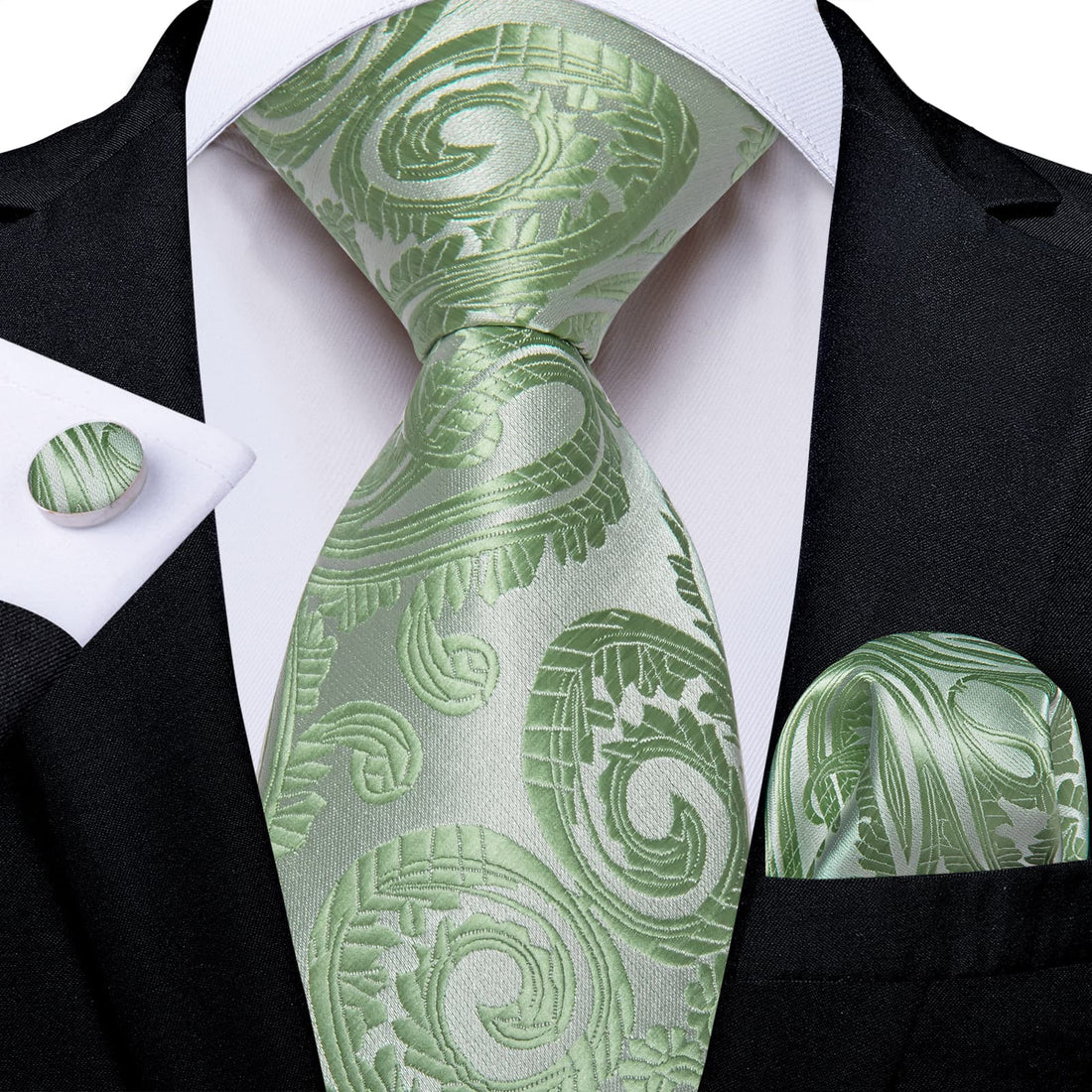 Sage Green Paisley Men's Silk Dress Suit Tie Pocket Square Cufflinks Set for Wedding