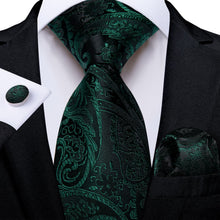 Sapphire Pine Green Paisley Mens Silk Tie Hanky Cufflinks Set for Dress Suit Top