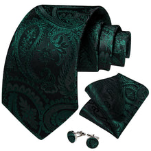 Sapphire Pine Green Paisley Mens Silk Tie Hanky Cufflinks Set for Dress Suit Top