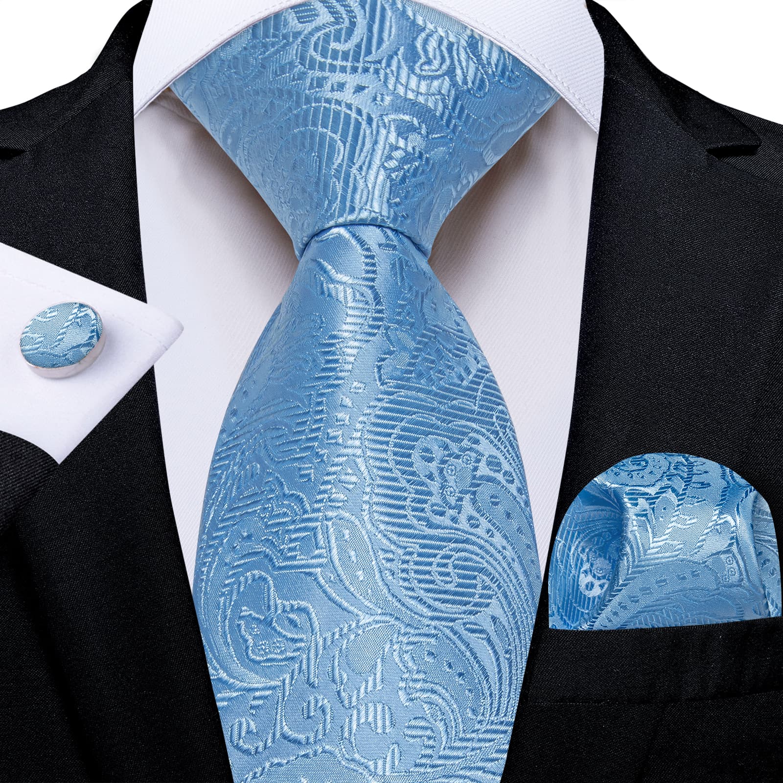 DiBanGu Celestial Blue Paisley Silk Mens Tie Pocket Square Cufflinks Clip Set