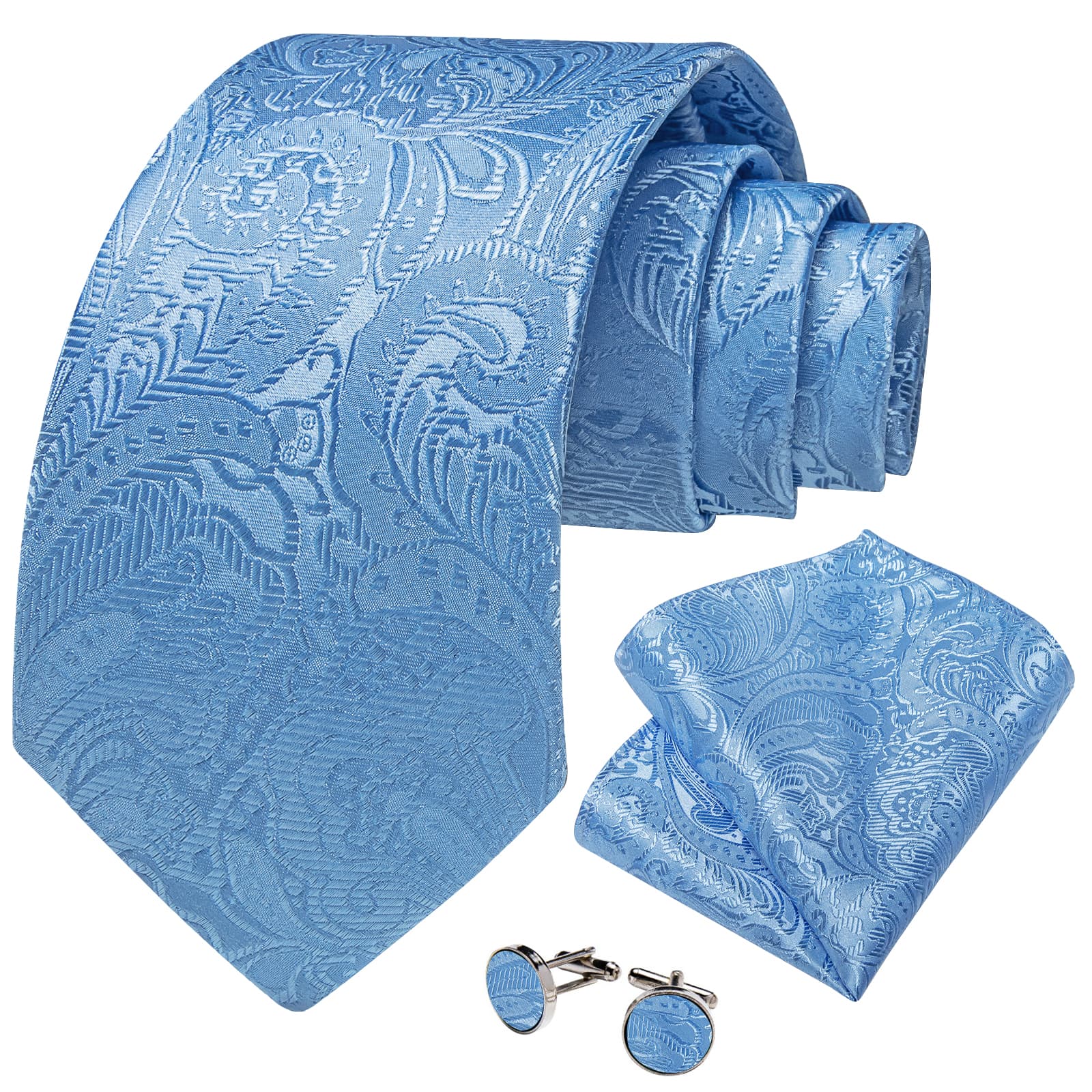 DiBanGu Celestial Blue Paisley Silk Mens Tie Pocket Square Cufflinks Clip Set