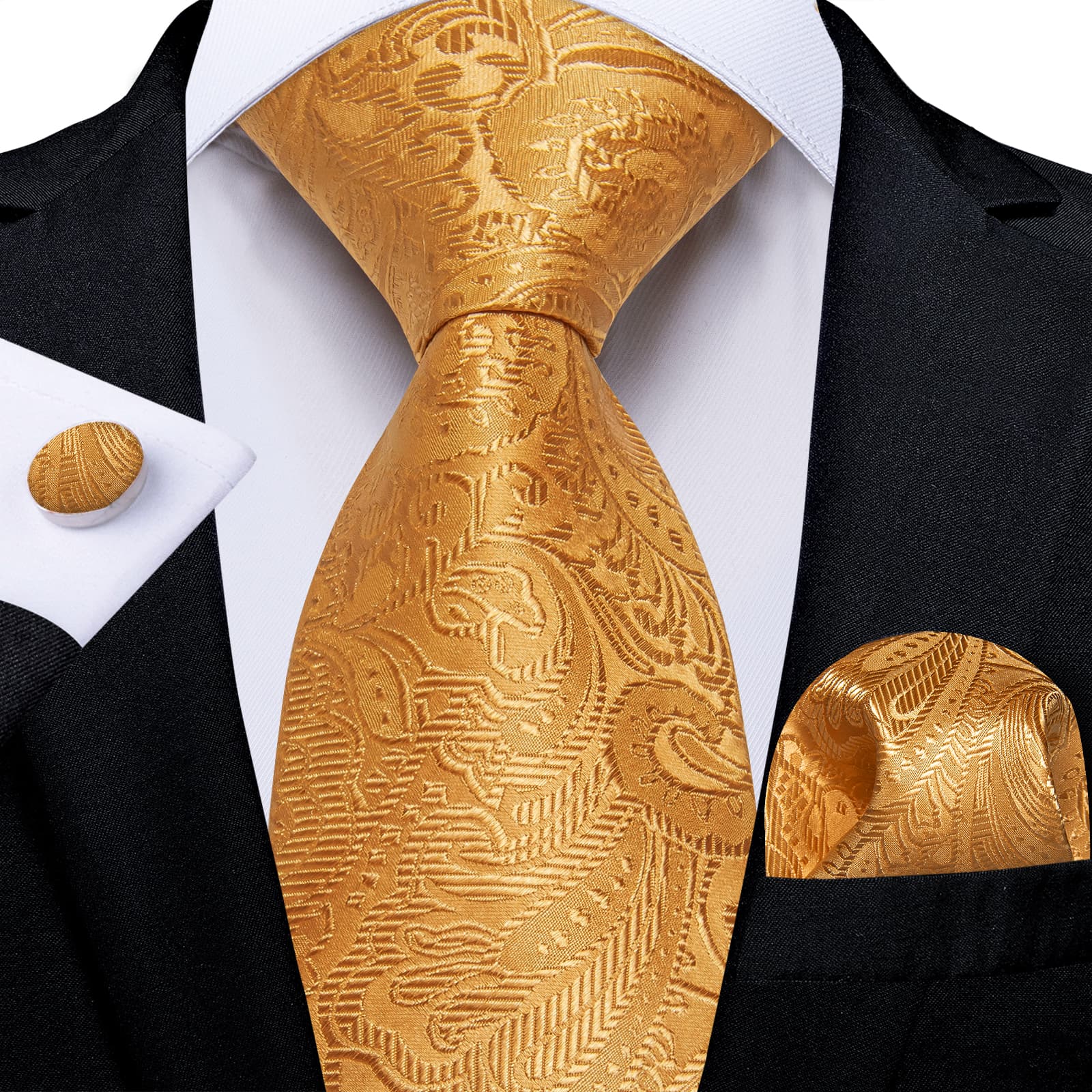 DiBanGu Gold Paisley Silk Mens Tie Pocket Square Cufflinks Clip Set