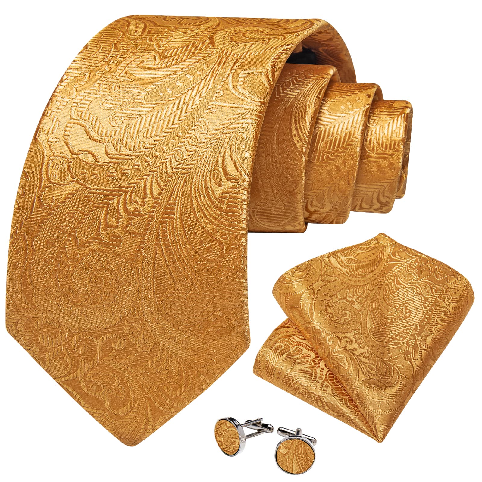 DiBanGu Gold Paisley Silk Mens Tie Pocket Square Cufflinks Clip Set