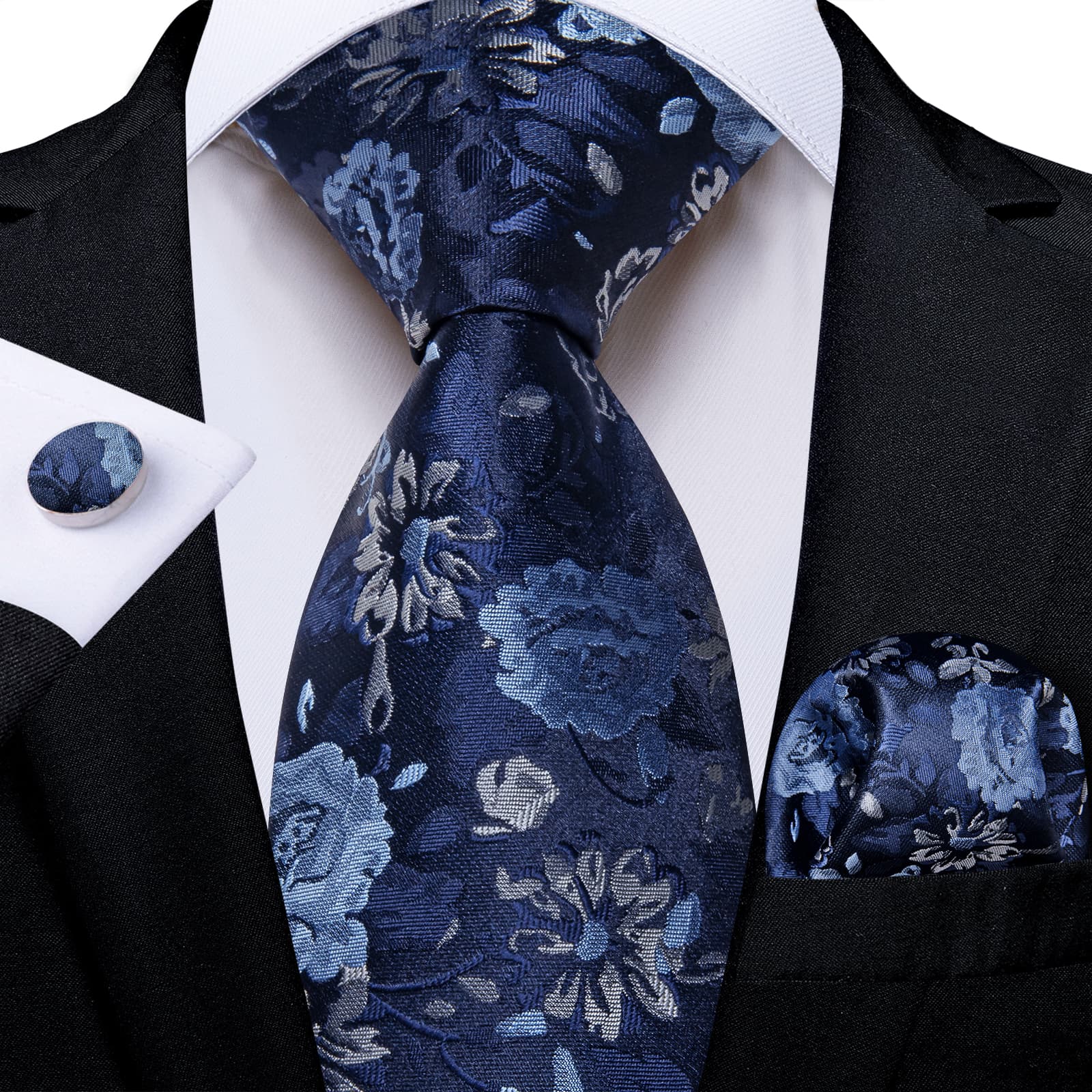 DiBanGu Dark Midnight Blue Floral Silk Mens Tie Hanky Cufflinks Clip Set