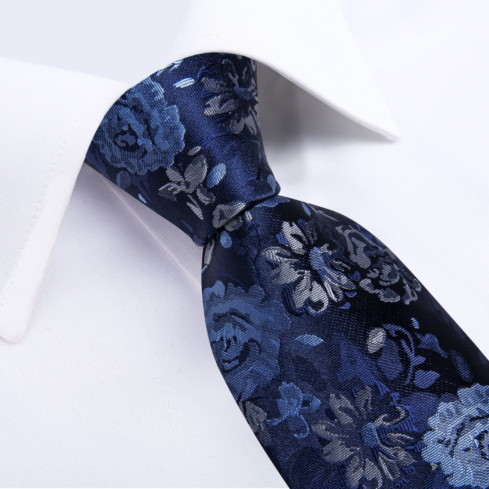DiBanGu Dark Midnight Blue Floral Silk Mens Tie Hanky Cufflinks Clip Set