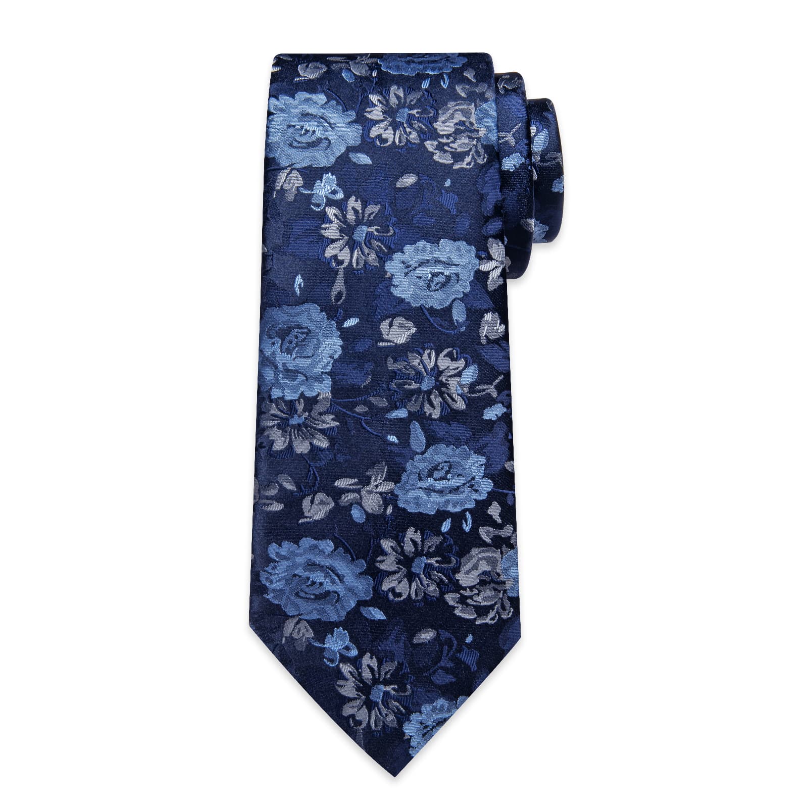 DiBanGu Dark Midnight Blue Floral Silk Mens Tie Hanky Cufflinks Clip Set