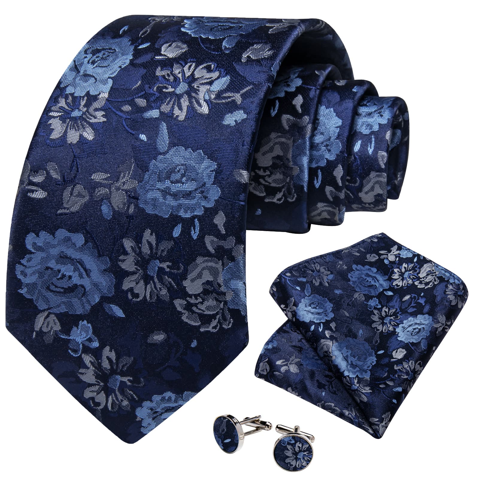 DiBanGu Dark Midnight Blue Floral Silk Mens Tie Hanky Cufflinks Clip Set