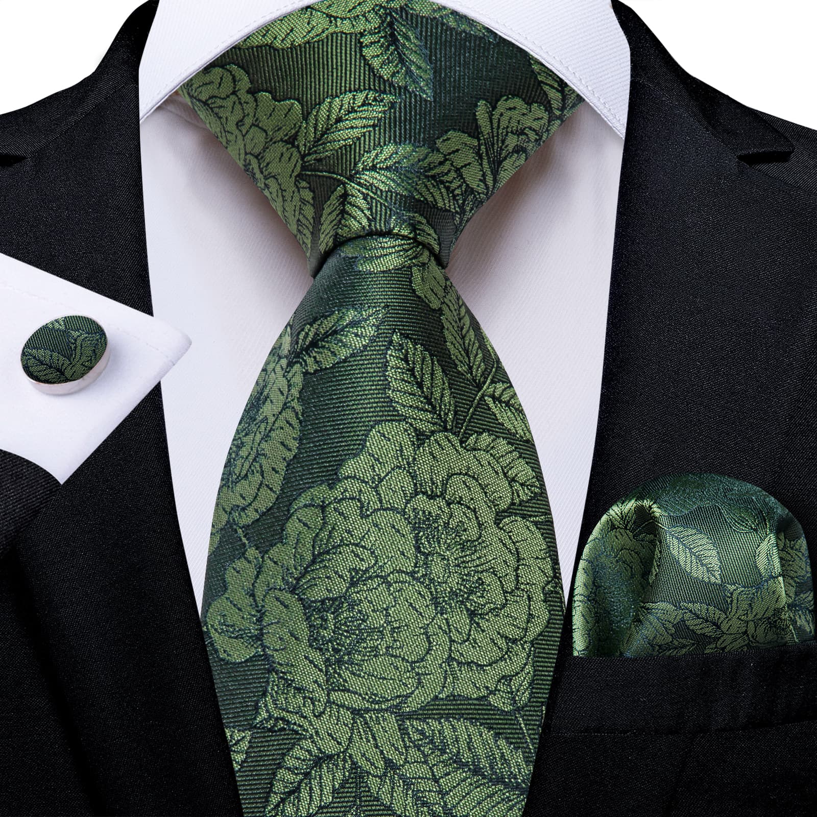 DiBanGu Olive Green Floral Silk Mens Tie Hanky Cufflinks Clip Set