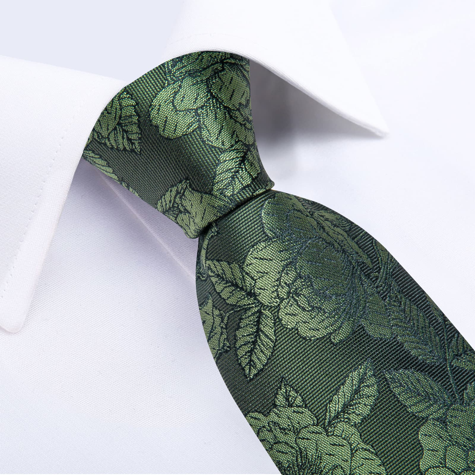 DiBanGu Olive Green Floral Silk Mens Tie Hanky Cufflinks Clip Set