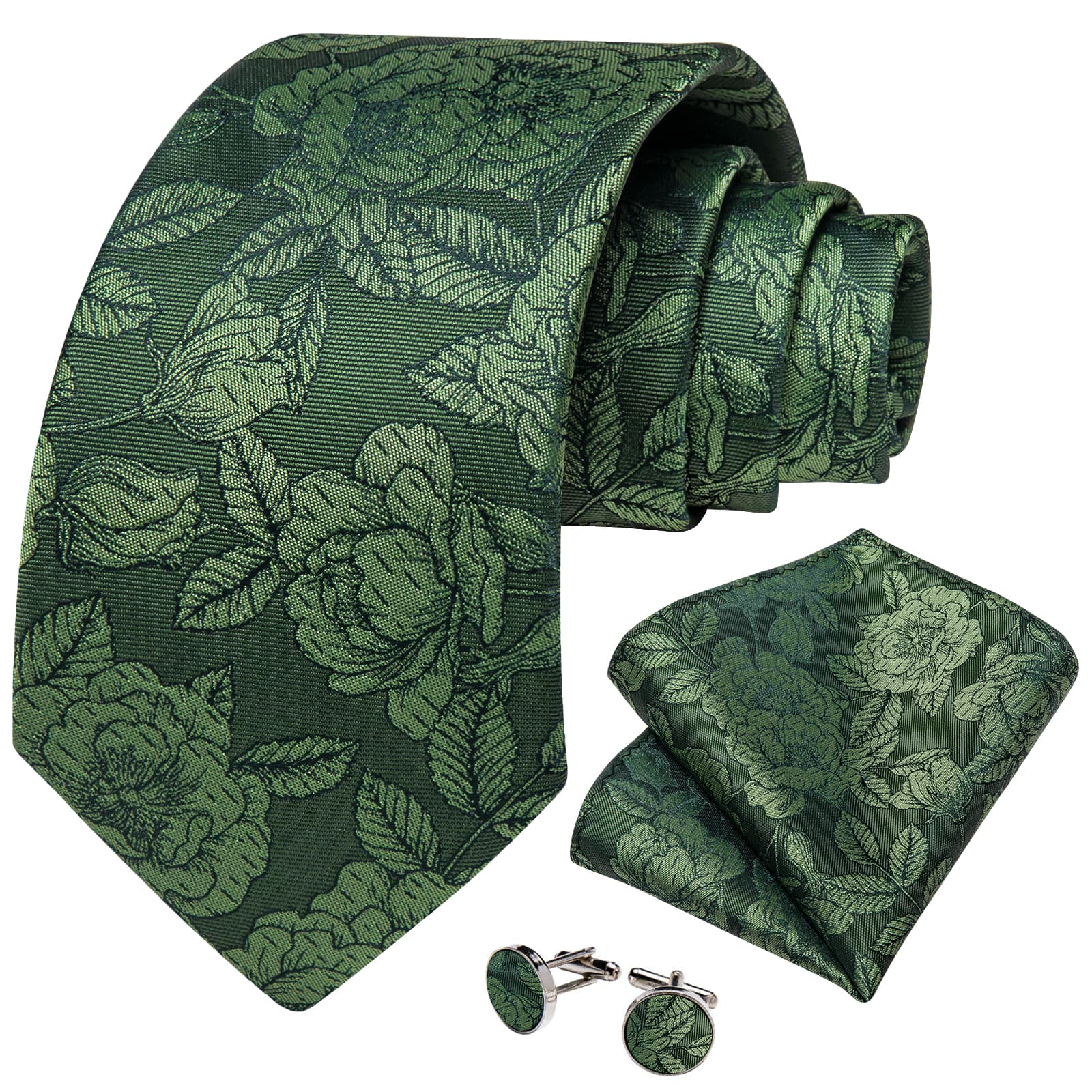 DiBanGu Olive Green Floral Silk Mens Tie Hanky Cufflinks Clip Set