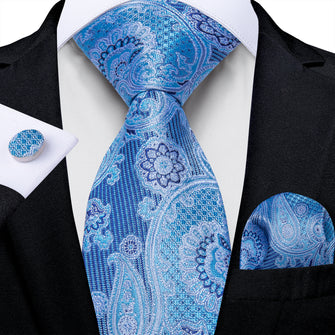 Azure Floral Men's Tie Handkerchief Cufflinks Set