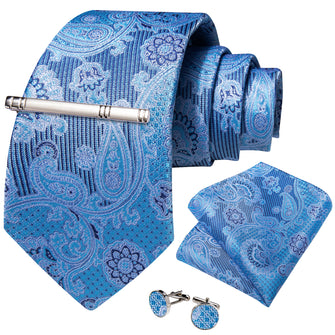 Azure Floral Men's Tie Handkerchief Cufflinks Clip Set