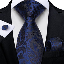 Blue Black Floral Men's Tie Handkerchief Cufflinks Set