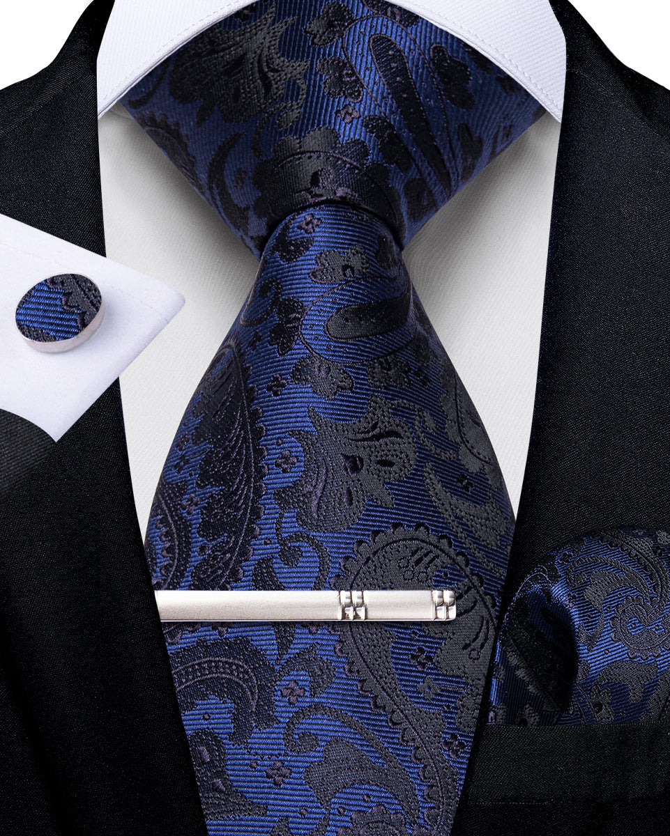 Blue Black Floral Men's Tie Handkerchief Cufflinks Clip Set