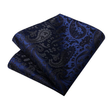 Blue Black Floral Men's Tie Handkerchief Cufflinks Clip Set