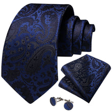 Blue Black Floral Men's Tie Handkerchief Cufflinks Set