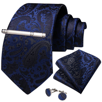 Blue Black Floral Men's Tie Handkerchief Cufflinks Clip Set