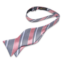 Black White Pink Striped Self-Bowtie Pocket Square Cufflinks Set