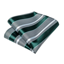 Black White Green Striped Self-Bowtie Pocket Square Cufflinks Set