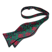 Green Red Floral Self-Bowtie Pocket Square Cufflinks Set