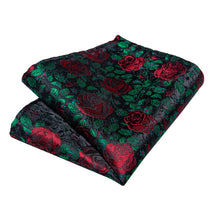 Green Red Floral Self-Bowtie Pocket Square Cufflinks Set
