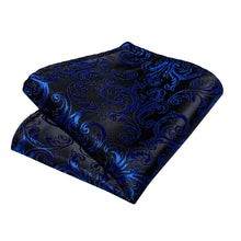 Black Blue Floral Self-Bowtie Pocket Square Cufflinks Set