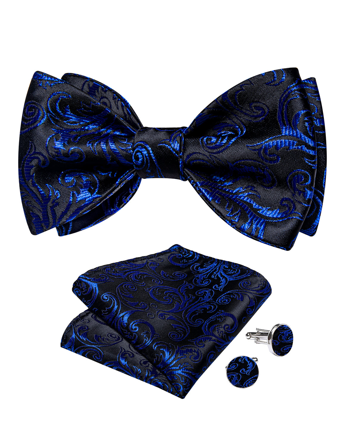 Black Blue Floral Self-Bowtie Pocket Square Cufflinks Set