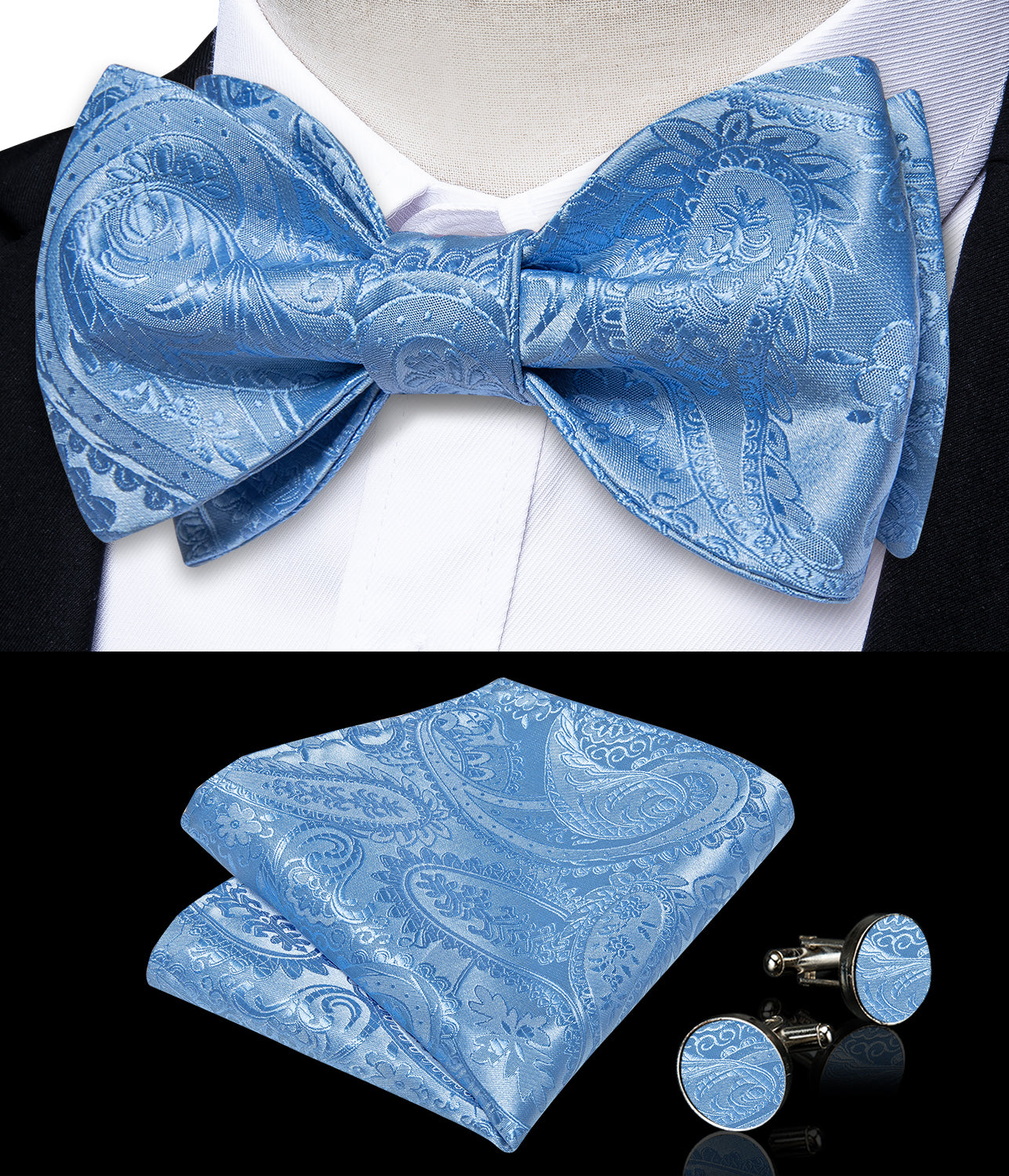 Light Blue Floral Self-Bowtie Pocket Square Cufflinks Set