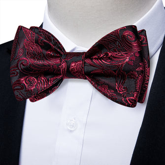 Black Red Floral Self-Bowtie Pocket Square Cufflinks Set