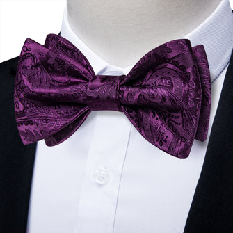 Purple Floral Self-Bowtie Pocket Square Cufflinks Set