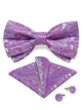 Purple Paisley Silk Men's Pre-Bowtie Pocket Square Cufflinks Set