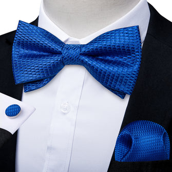 Blue Solid Silk Bowtie Pocket Square Cufflinks Set