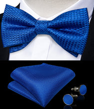 Blue Solid Silk Bowtie Pocket Square Cufflinks Set