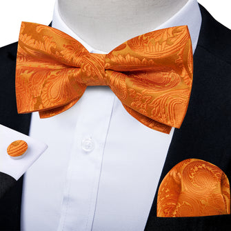 Orange Floral Silk Men's Pre-Bowtie Pocket Square Cufflinks Set