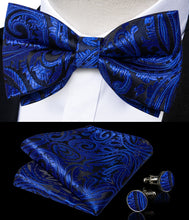 Black Blue Floral Silk Men's Pre-Bowtie Pocket Square Cufflinks Set