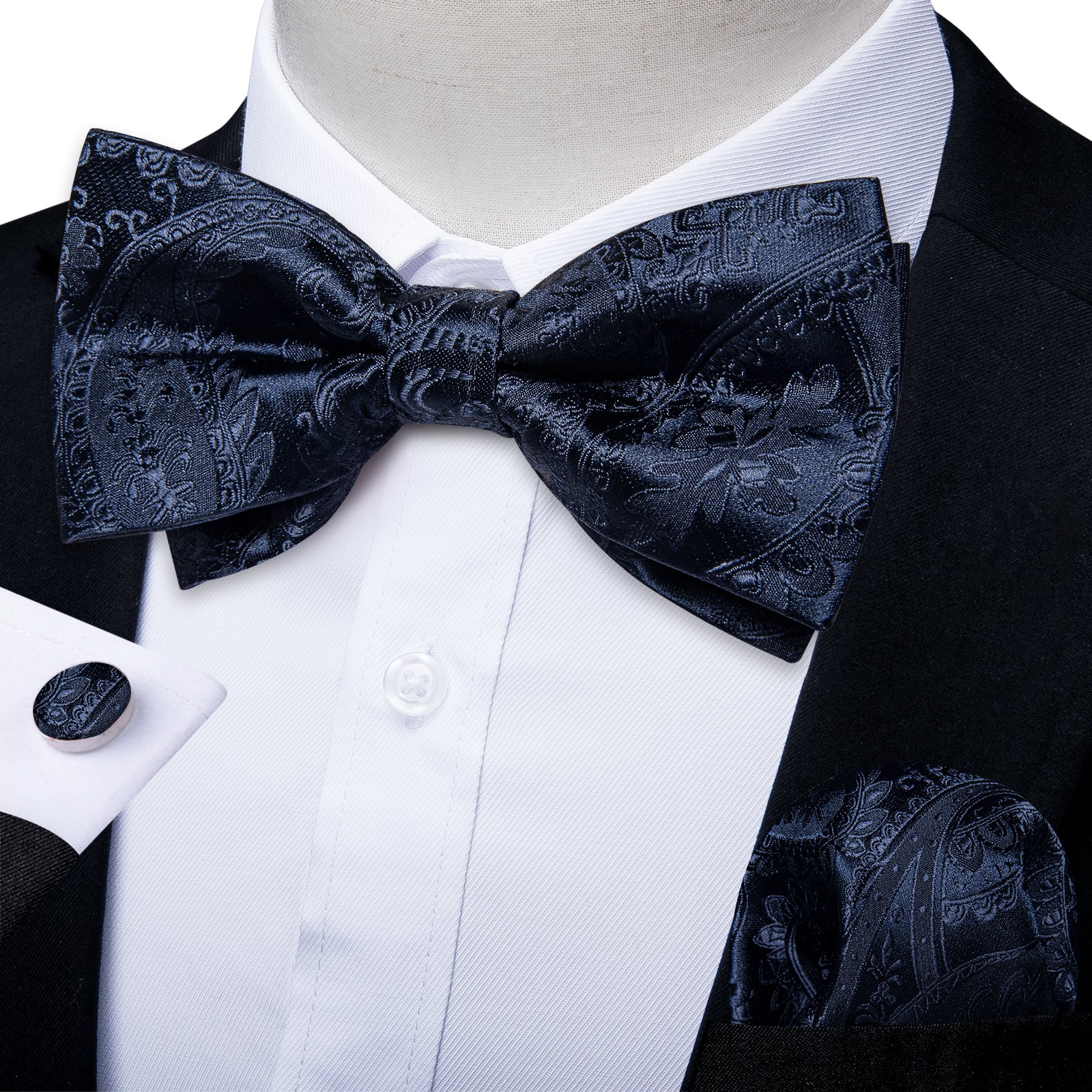 Purple Floral Silk Men's Pre-Bowtie Pocket Square Cufflinks Set