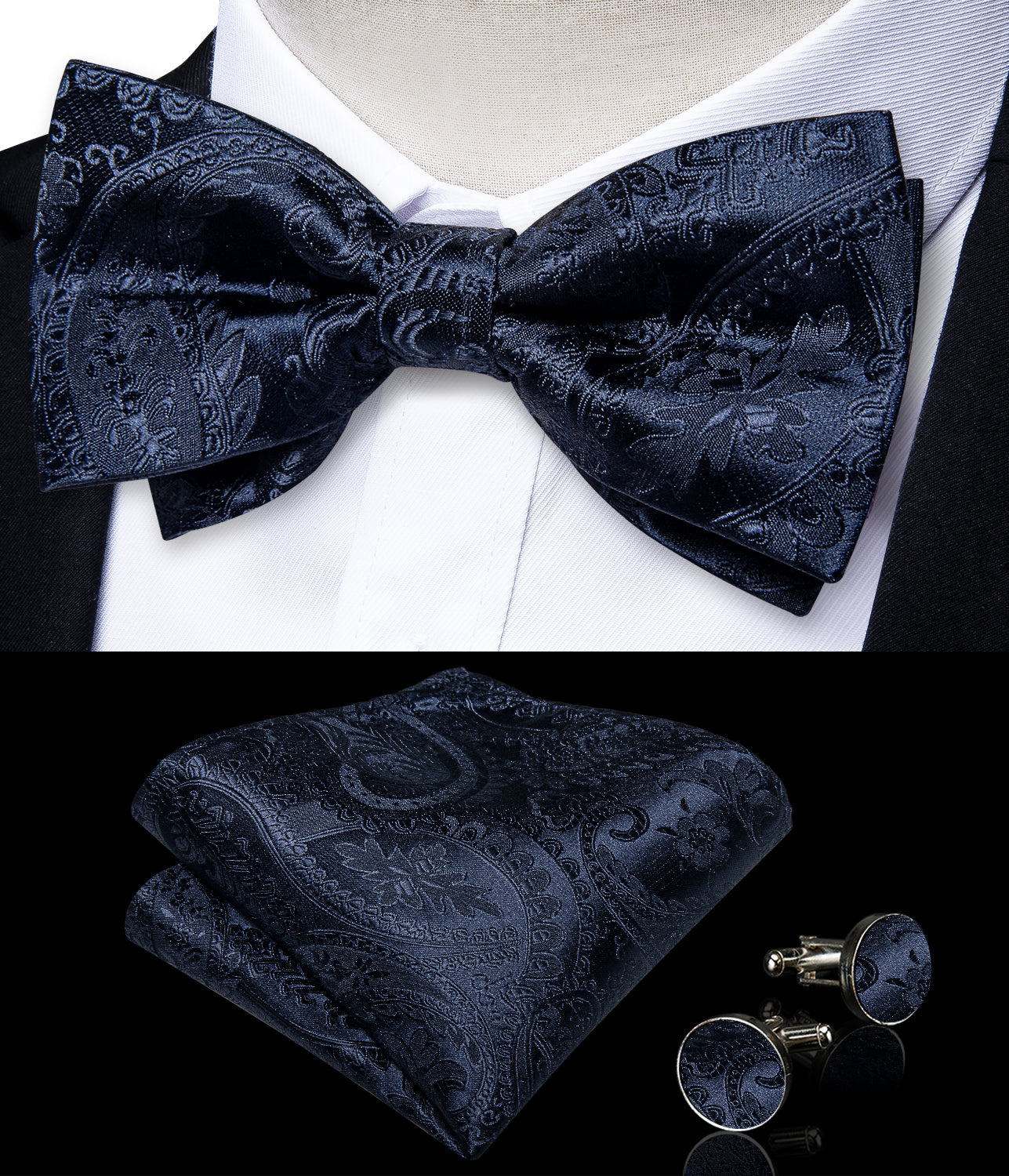 Purple Floral Silk Men's Pre-Bowtie Pocket Square Cufflinks Set