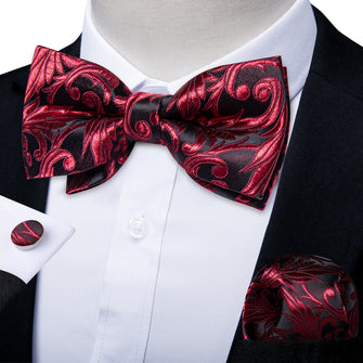 Black Red Floral Silk Men's Pre-Bowtie Pocket Square Cufflinks Set