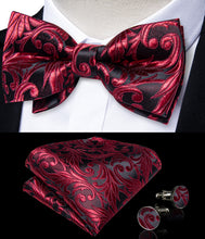 Black Red Floral Silk Men's Pre-Bowtie Pocket Square Cufflinks Set