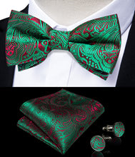 Green Red Floral Silk Men's Pre-Bowtie Pocket Square Cufflinks Set