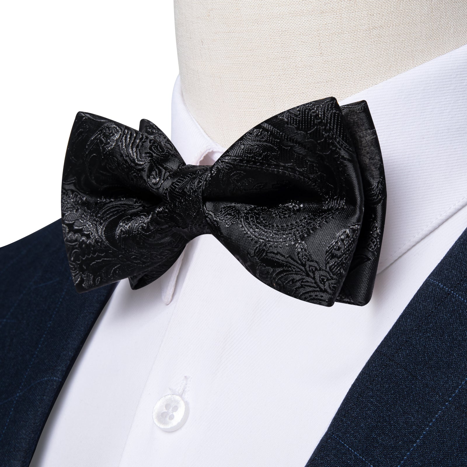 Black Floral Silk Men's Pre-Bowtie Pocket Square Cufflinks Set