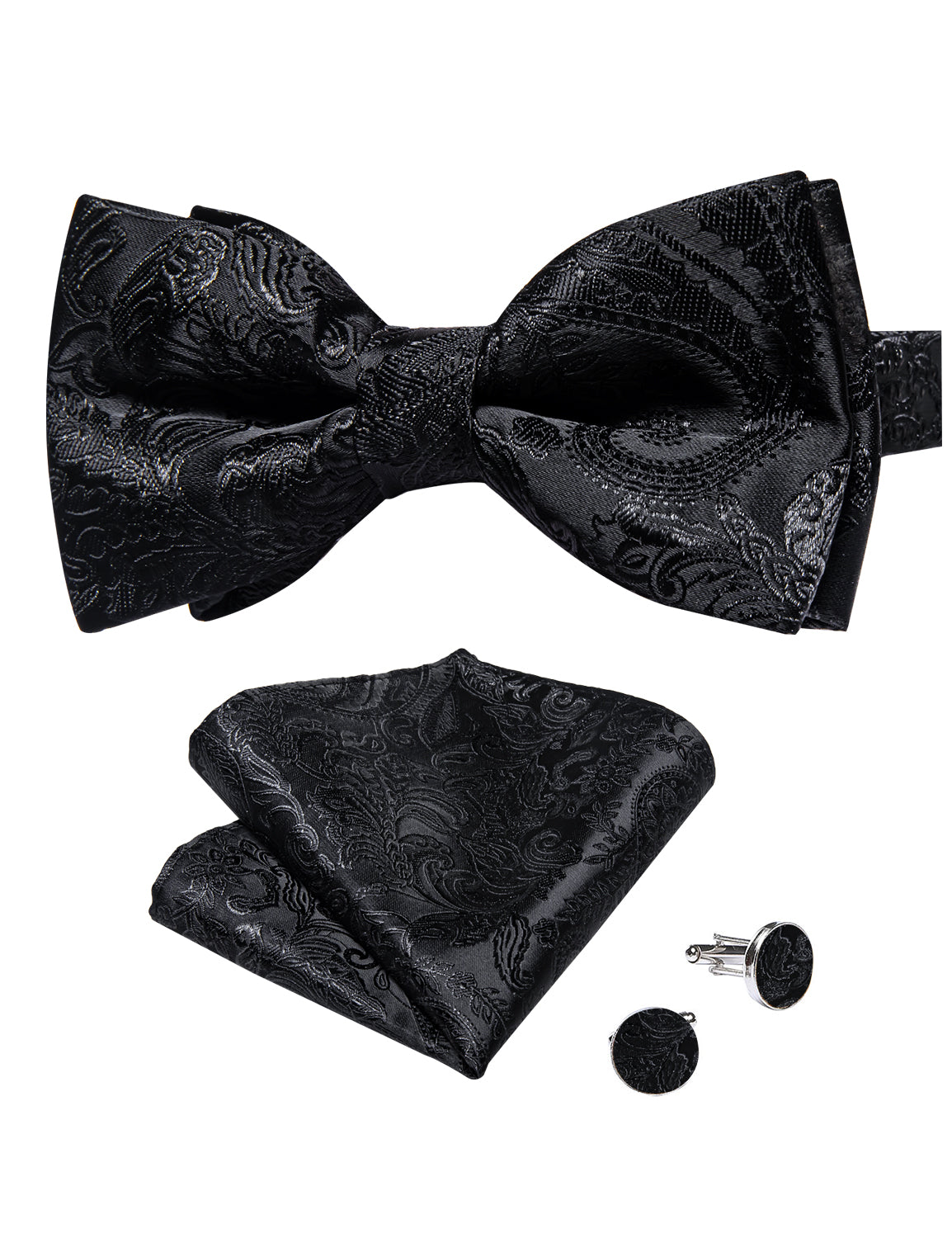 Black Floral Silk Men's Pre-Bowtie Pocket Square Cufflinks Set
