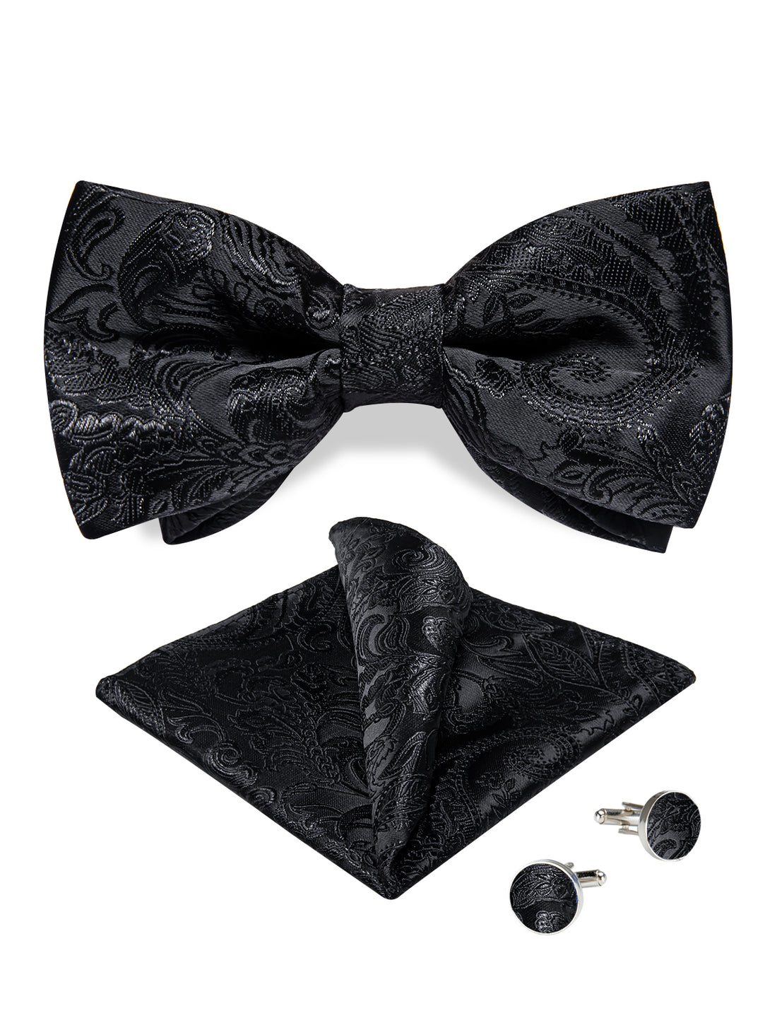 Black Floral Silk Men's Pre-Bowtie Pocket Square Cufflinks Set