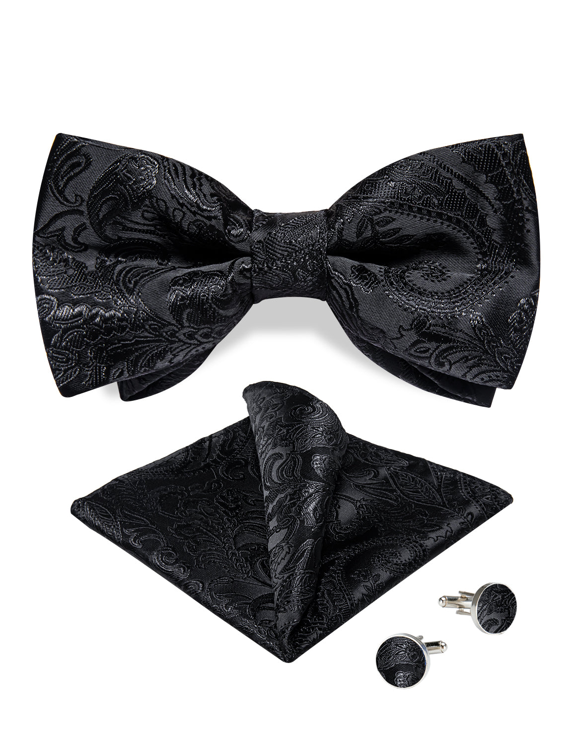 Black Floral Silk Men's Pre-Bowtie Pocket Square Cufflinks Set