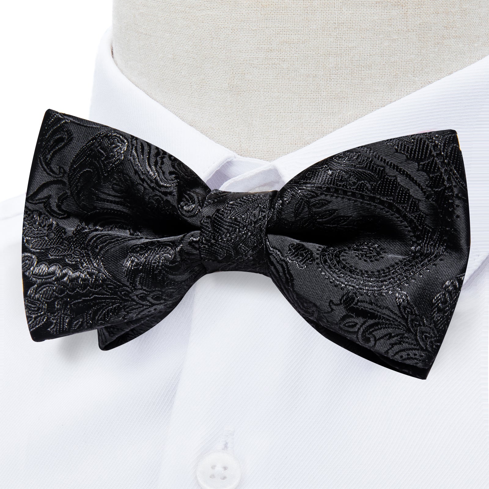 Black Floral Silk Men's Pre-Bowtie Pocket Square Cufflinks Set