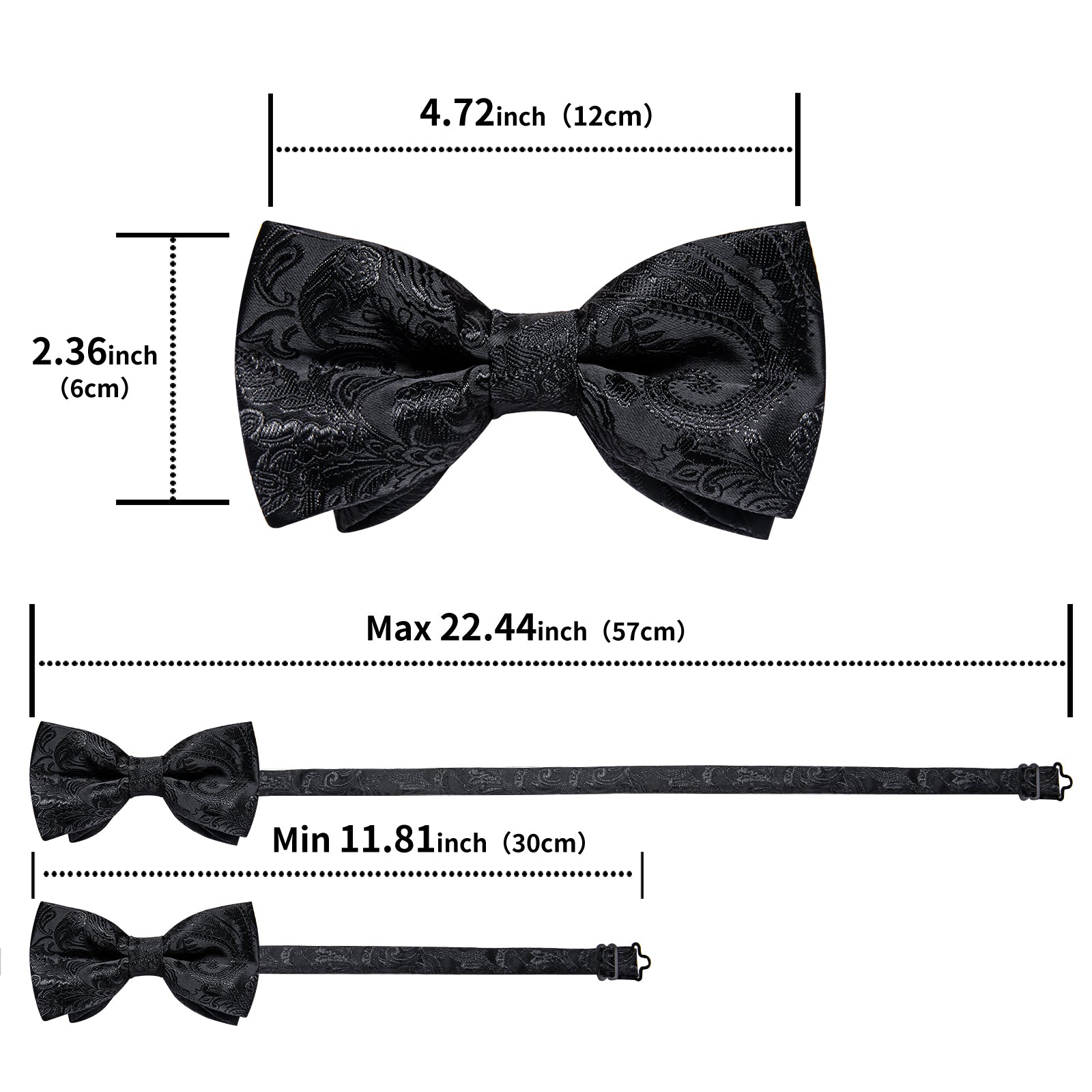 Black Floral Silk Men's Pre-Bowtie Pocket Square Cufflinks Set