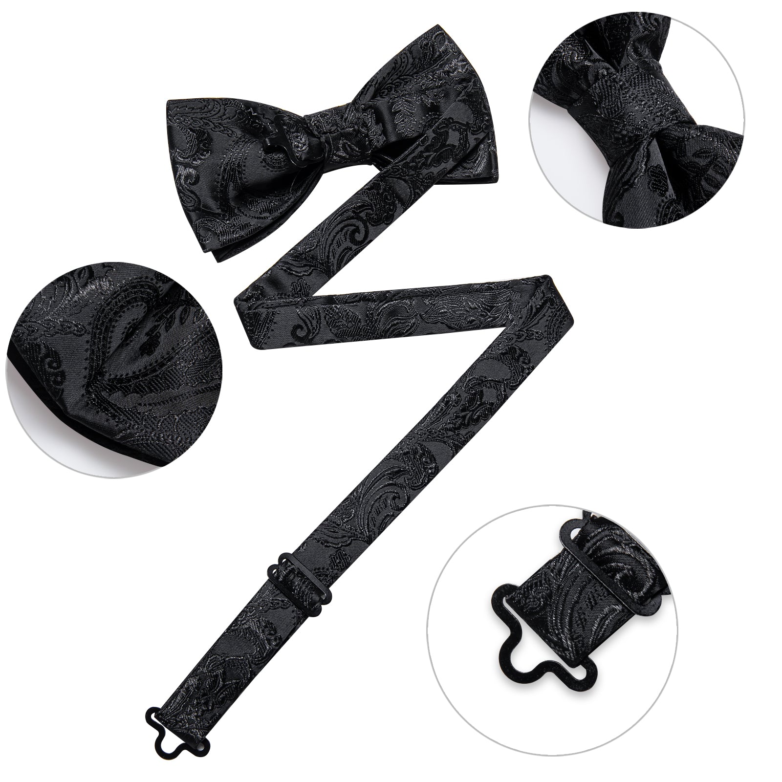 Black Floral Silk Men's Pre-Bowtie Pocket Square Cufflinks Set